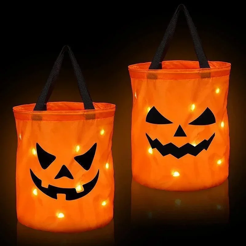 LED Light Halloween Trick Or Treat Bucket Pumpkin Candy Bags Collapsible Halloween Basket For Thanksgiving Party Gift Basket 1
