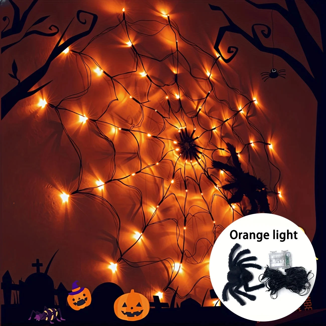 Halloween Spider Web Light with Giant Spider – Remote Control, 8 Modes, USB Powered 6