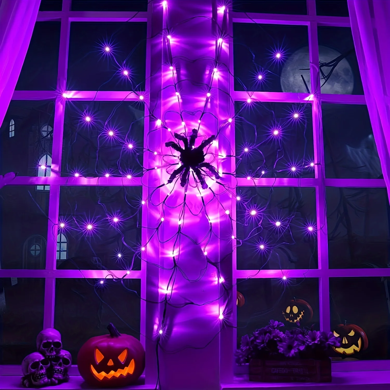 Halloween Spider Web Light with Giant Spider – Remote Control, 8 Modes, USB Powered 1