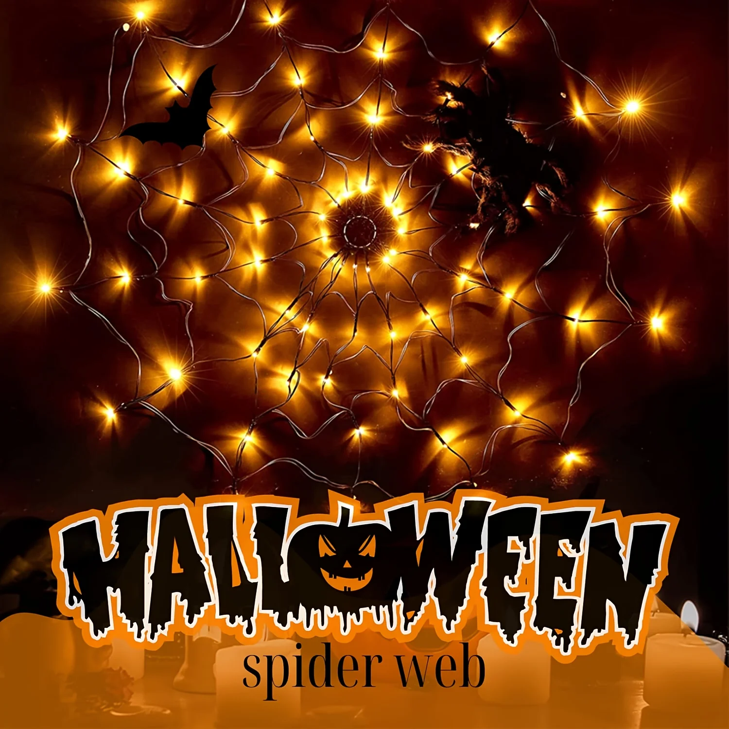 Halloween Spider Web Light with Giant Spider – Remote Control, 8 Modes, USB Powered 2