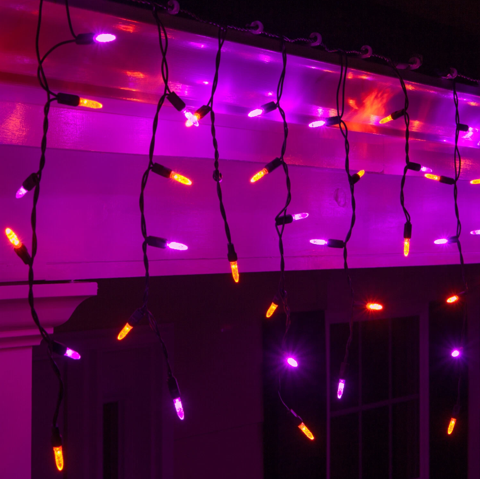 Purple & Orange Halloween Icicle Lights – 70 LED 7.5FT On Black Wire